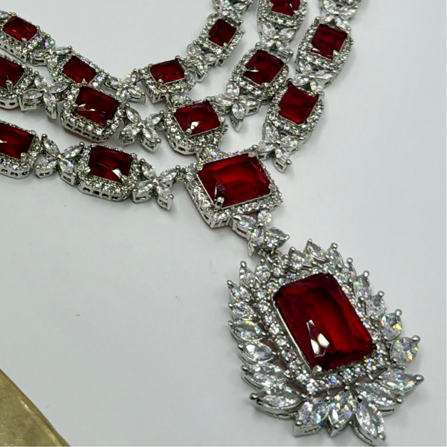 Red American Diamonds Three Layers Necklace Set