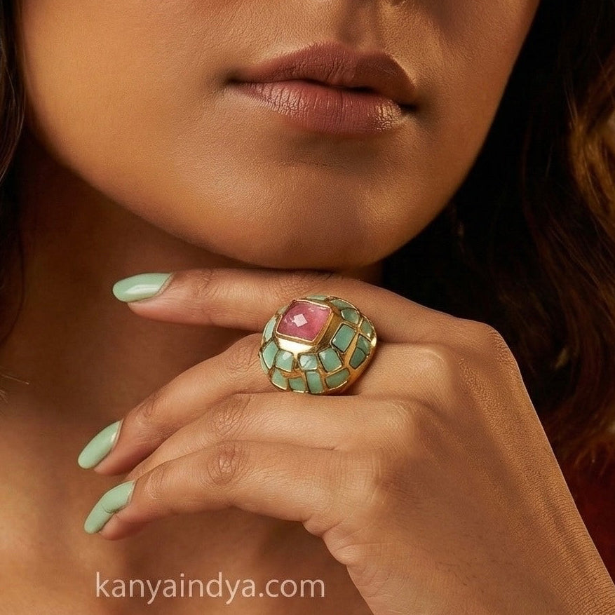 Mint Pink Jadau Adjustable Finger Ring