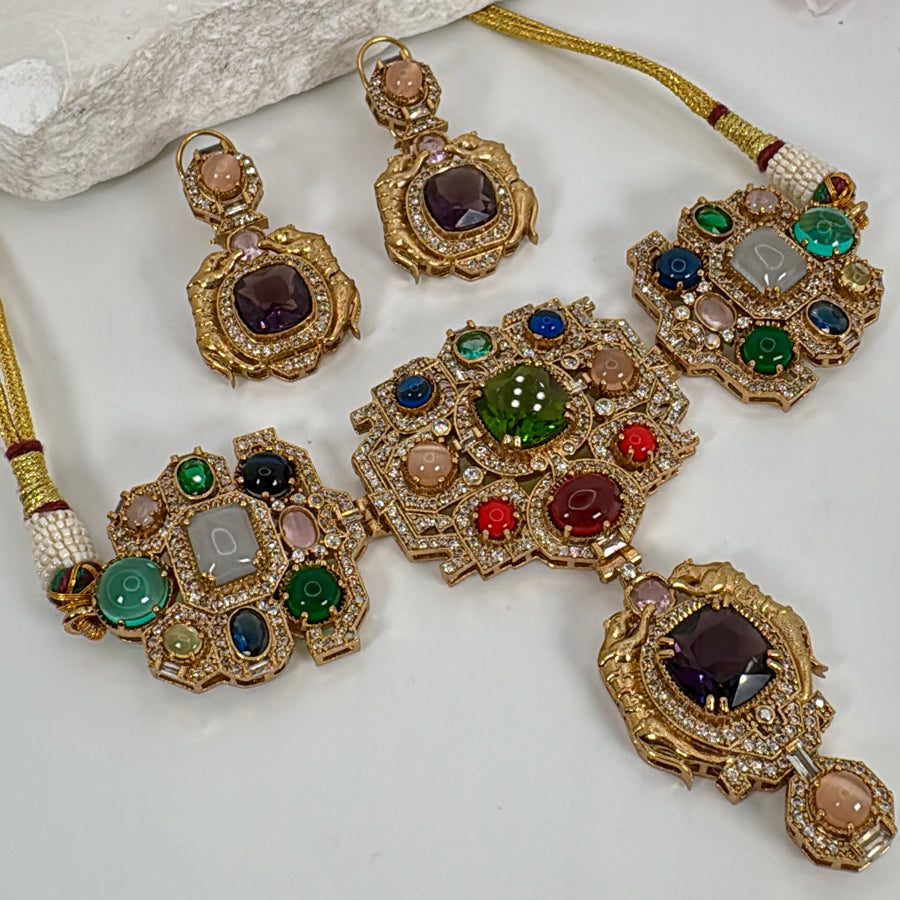 Green Multi Stone Sabya Inspired Choker Necklace Set