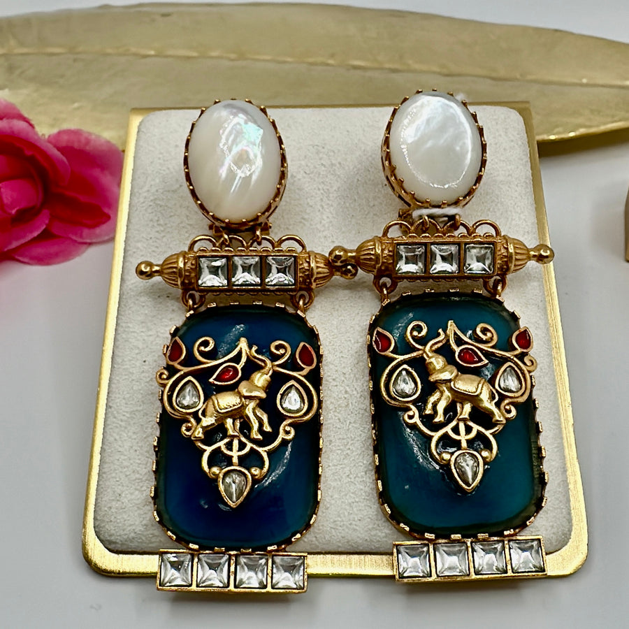 Blue Glass Stone Earrings with MOP & Inlay Work