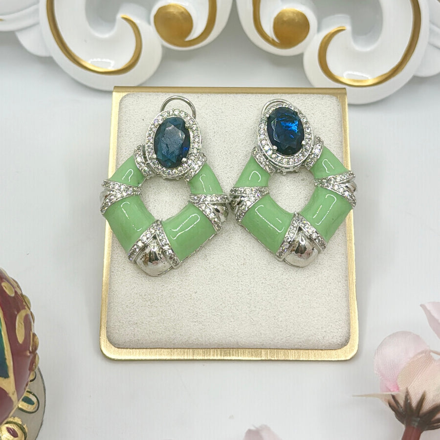 Blue Swarovski & Green Enamel Meenakari Earrings