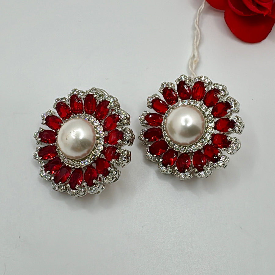 Red American Diamonds Flower Studs