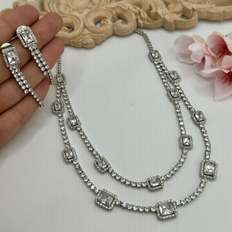 Clear Two Layer American Diamonds Necklace Set