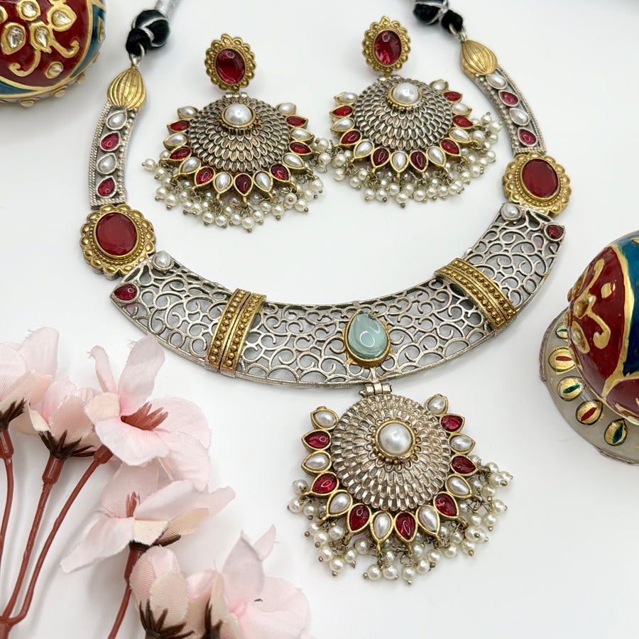 Ruby Red Pearl Dual Tone Silver Lookalike Hasli Set