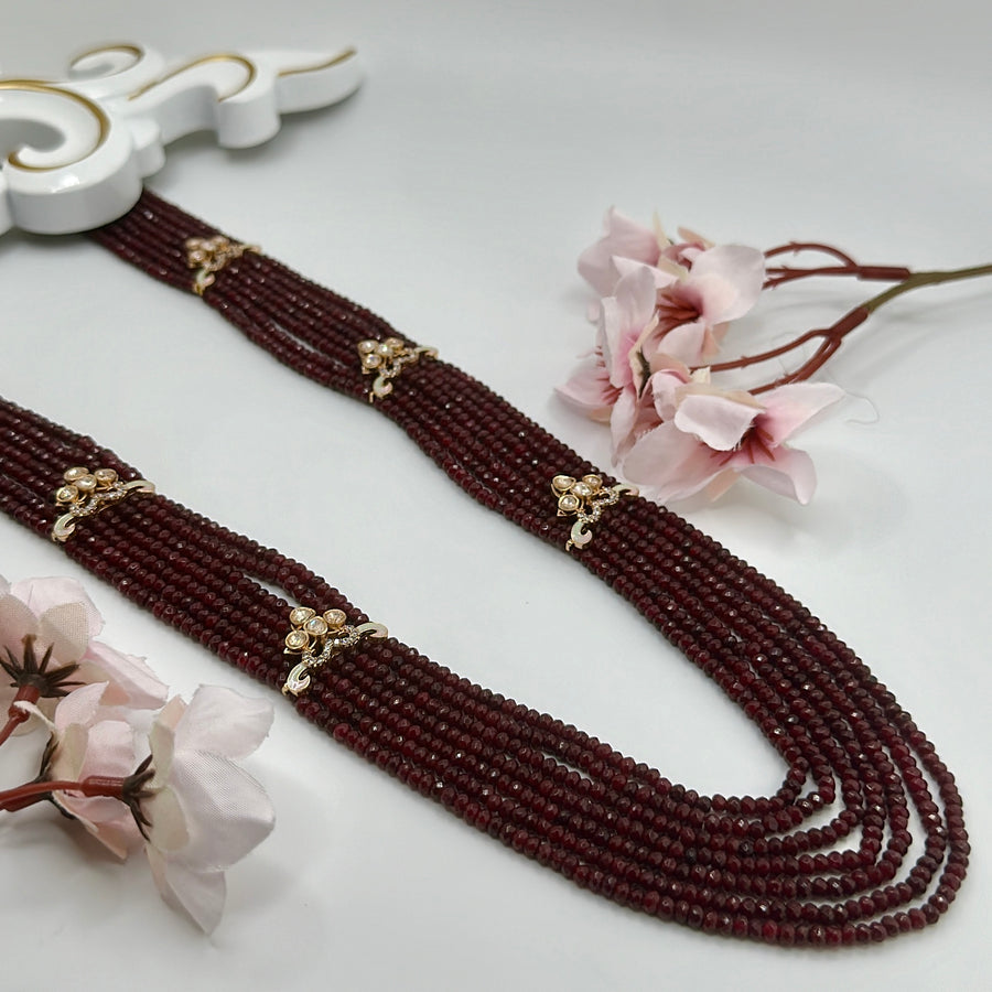 Ruby Seven Strings Long Necklace Set With Kundan Motifs