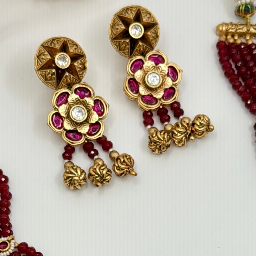 Ruby Red Antique Gold Kundan Long Necklace Set