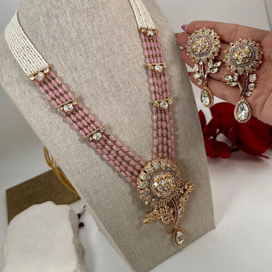 Pink Moissanite Pearl Long Necklace Set
