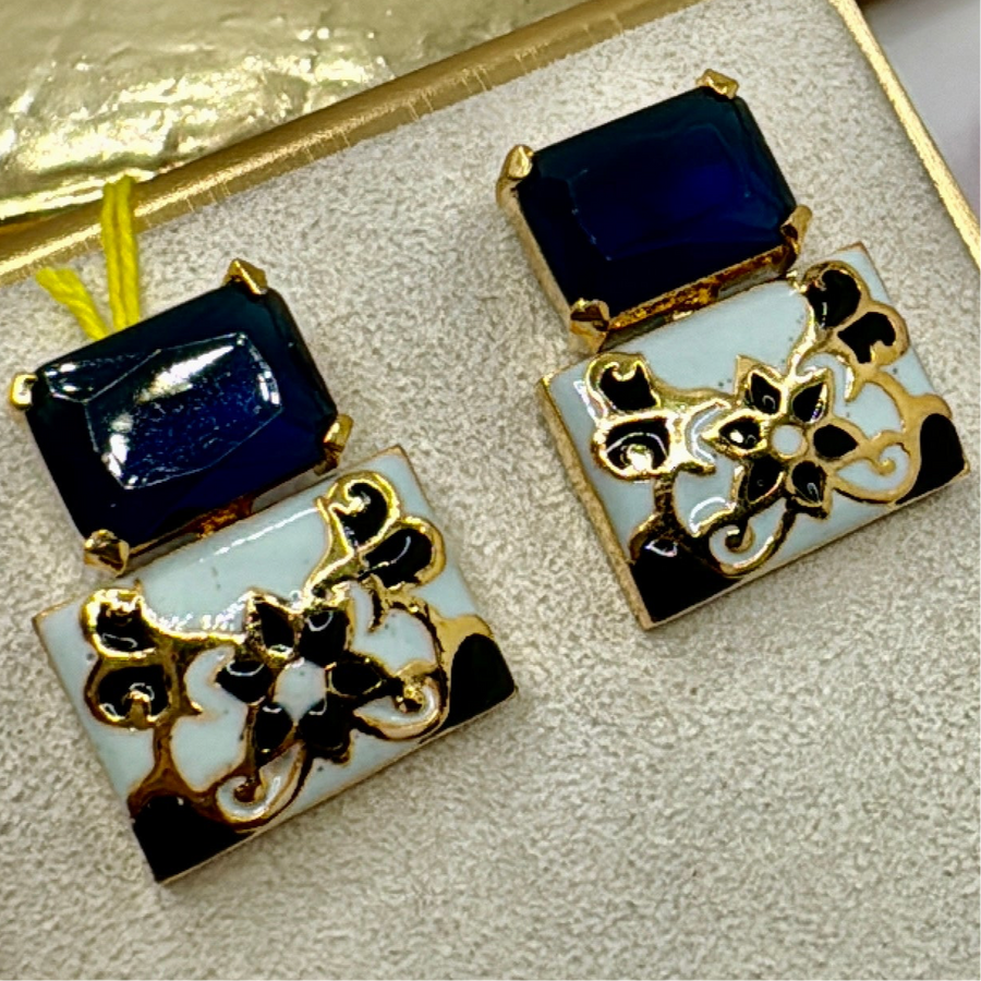 Blue Swarovski Crystal & Grey Meenakari Studs