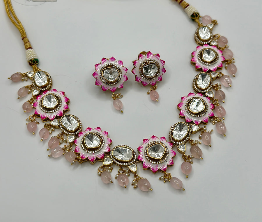 Pink Meenakari Moissanite Flowers Necklace Set