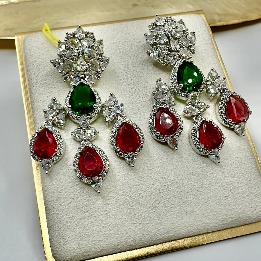 Red & Green American Diamonds Earrings