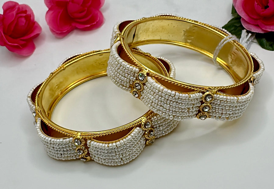 White Flower Moti Bangles Pair (Non Openable Size 2.2)