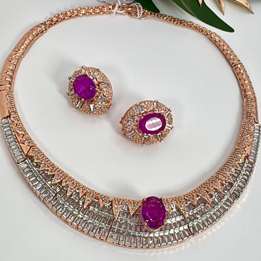 Purple Dual Tone Cubic Zirconia Baguette Diamonds Carat Polished Necklace Set