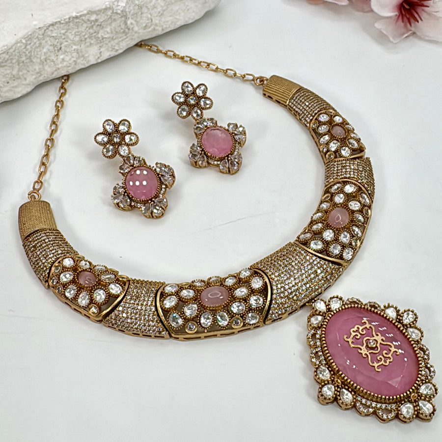 Pink Glass Stone With Inlay Work Moissanite Hasli Necklace Set