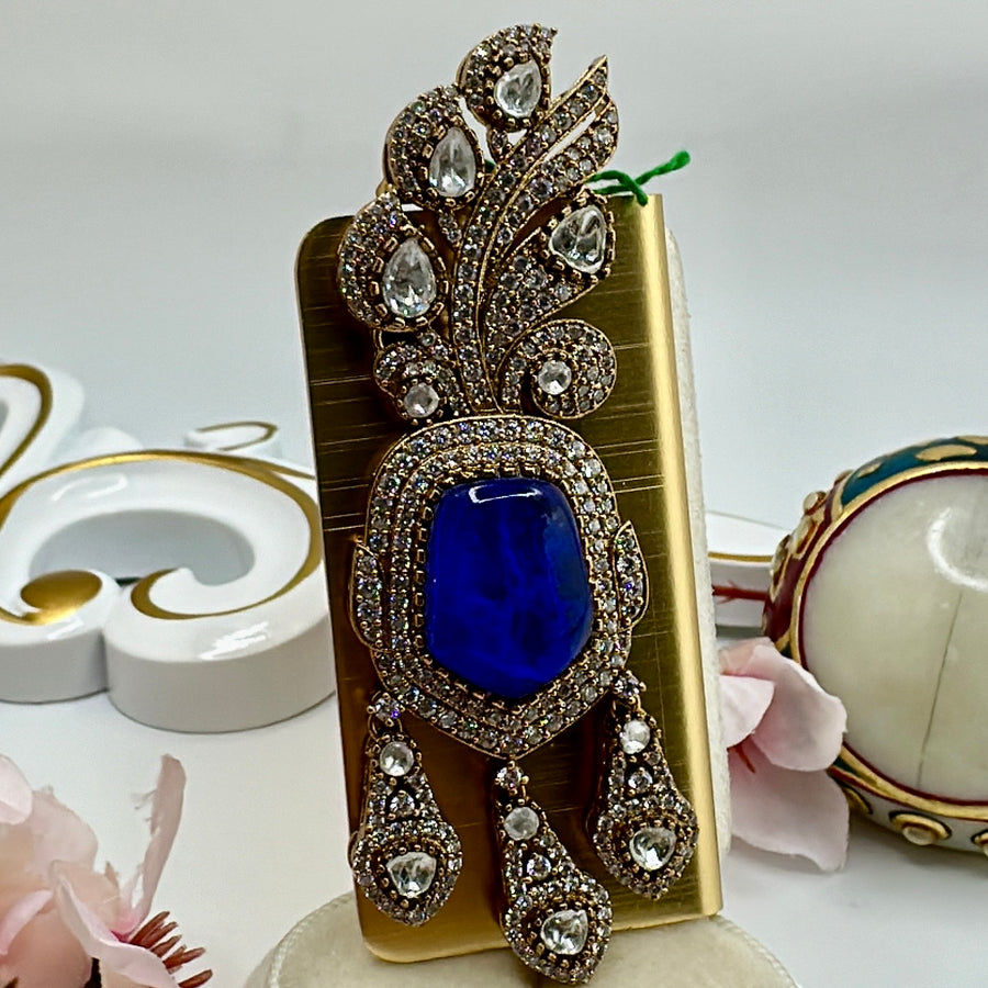 Blue Doublet & Moissanite Kundan Juda Bun Hair Accessory(Can also be worn as Pendant)