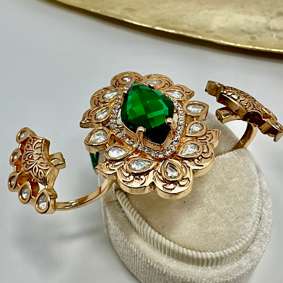 Green Kundan Adjustable Two Fingers Ring