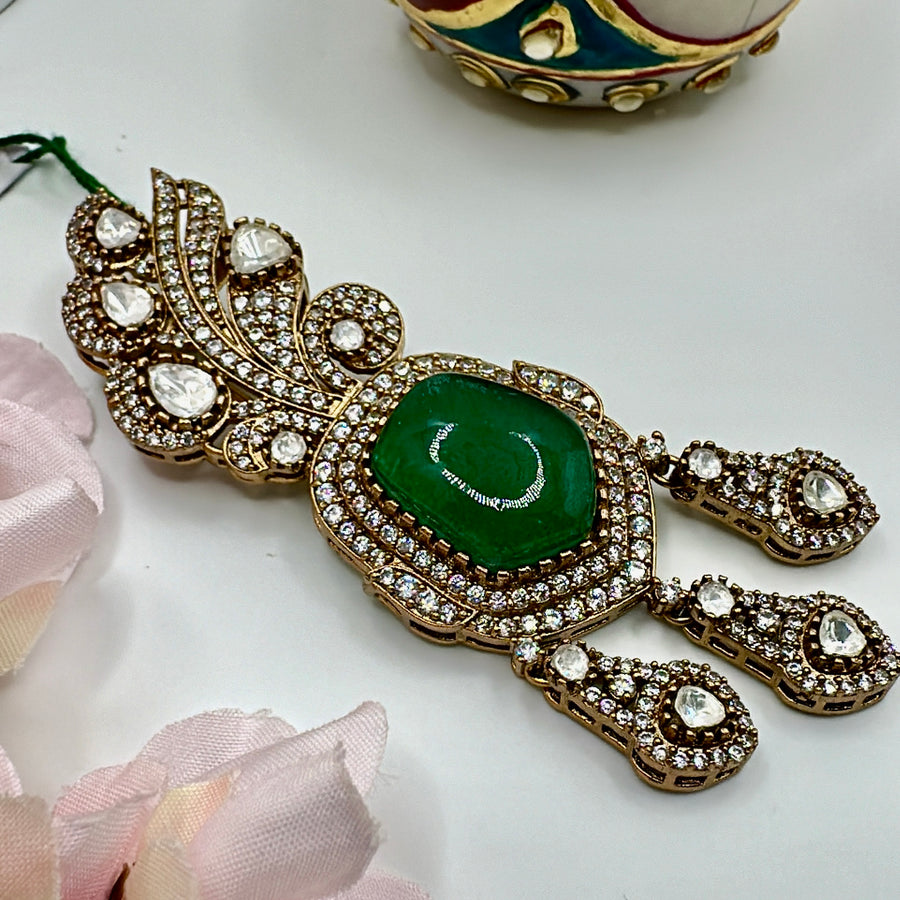 Green Doublet & Moissanite Kundan Juda Bun Hair Accessory(Can also be worn as Pendant)