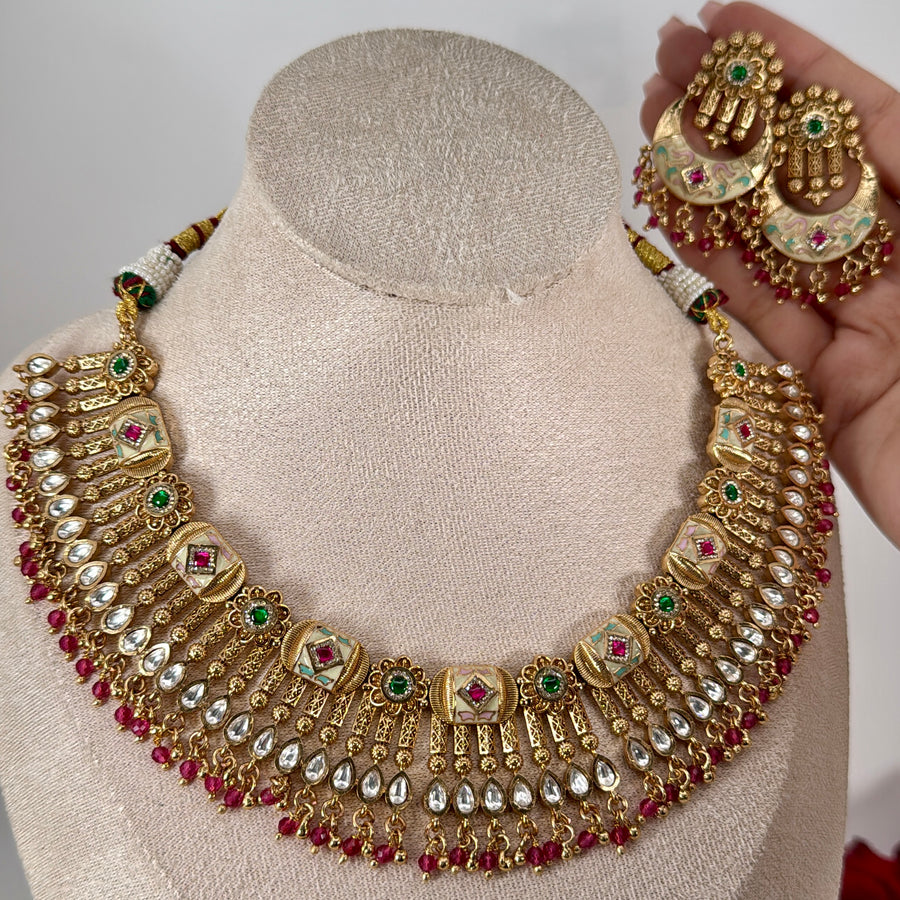 Multi Antique Gold Kundan Necklace Set
