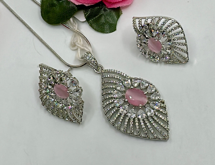 Pink American Diamonds Leaf Pendant Set