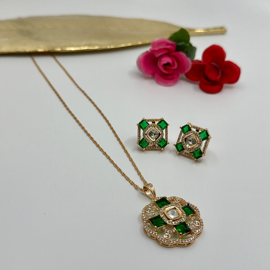 Green Hydro Stones & American Diamonds Pendant Set