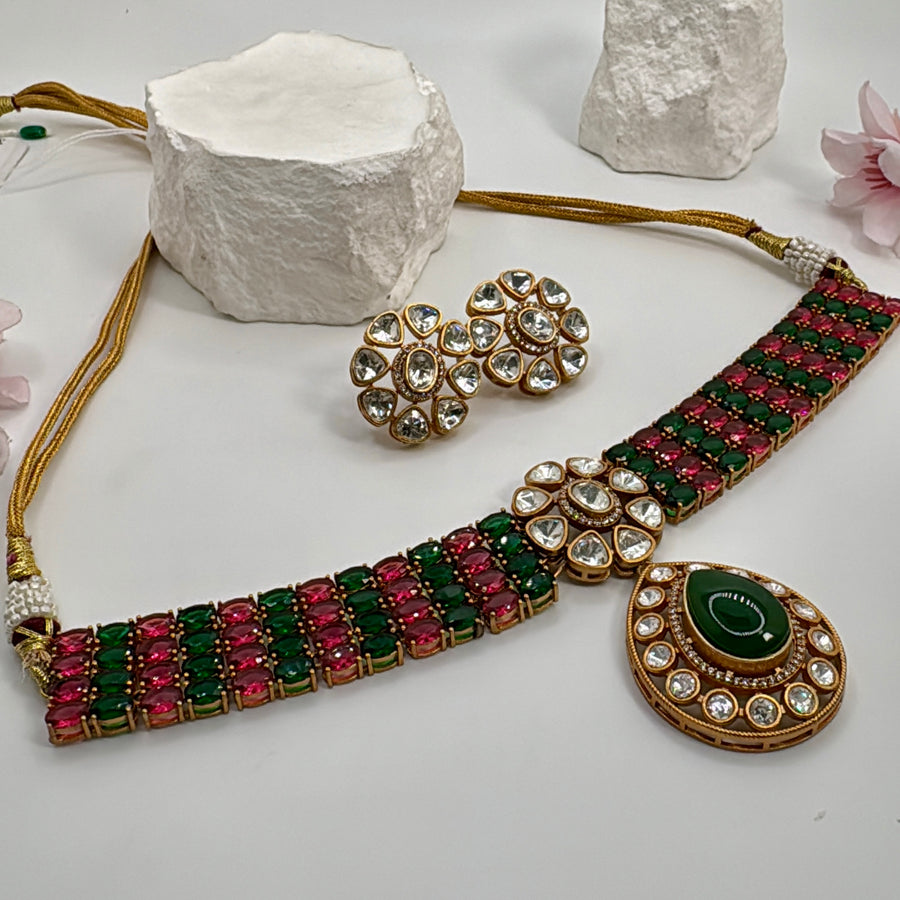 Ruby Green Moissanite Choker Necklace Set