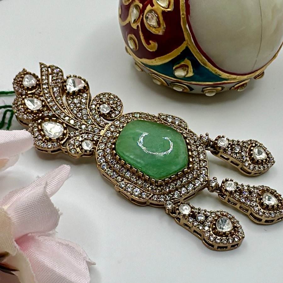 Mint Doublet & Moissanite Kundan Juda Bun Hair Accessory(Can also be worn as Pendant)