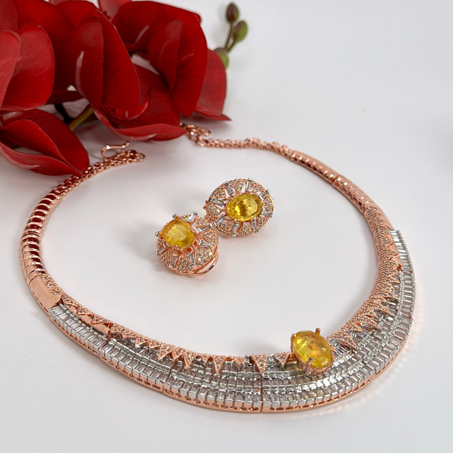 Yellow Dual Tone Cubic Zirconia Baguette Diamonds Carat Polished Necklace Set