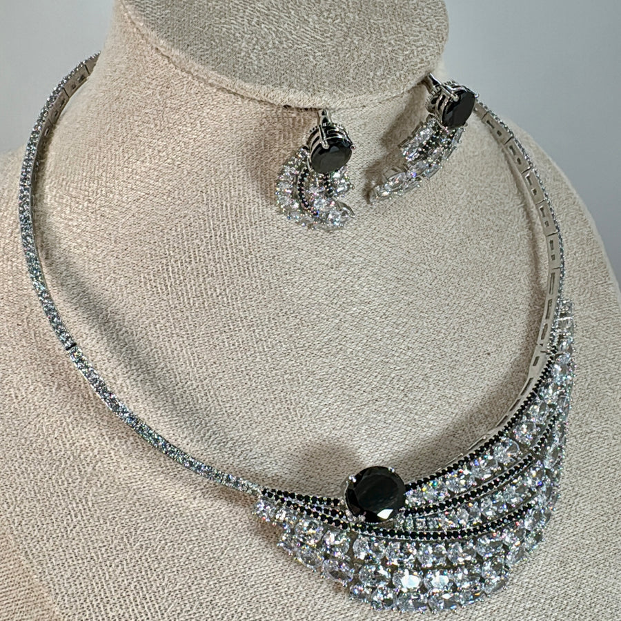 Black Cubic Zirconia American Diamonds Rhodium Polished Necklace Set