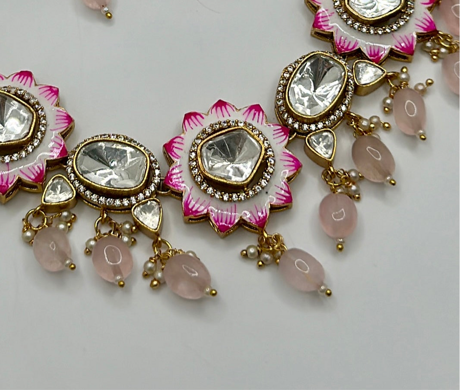 Pink Meenakari Moissanite Flowers Necklace Set