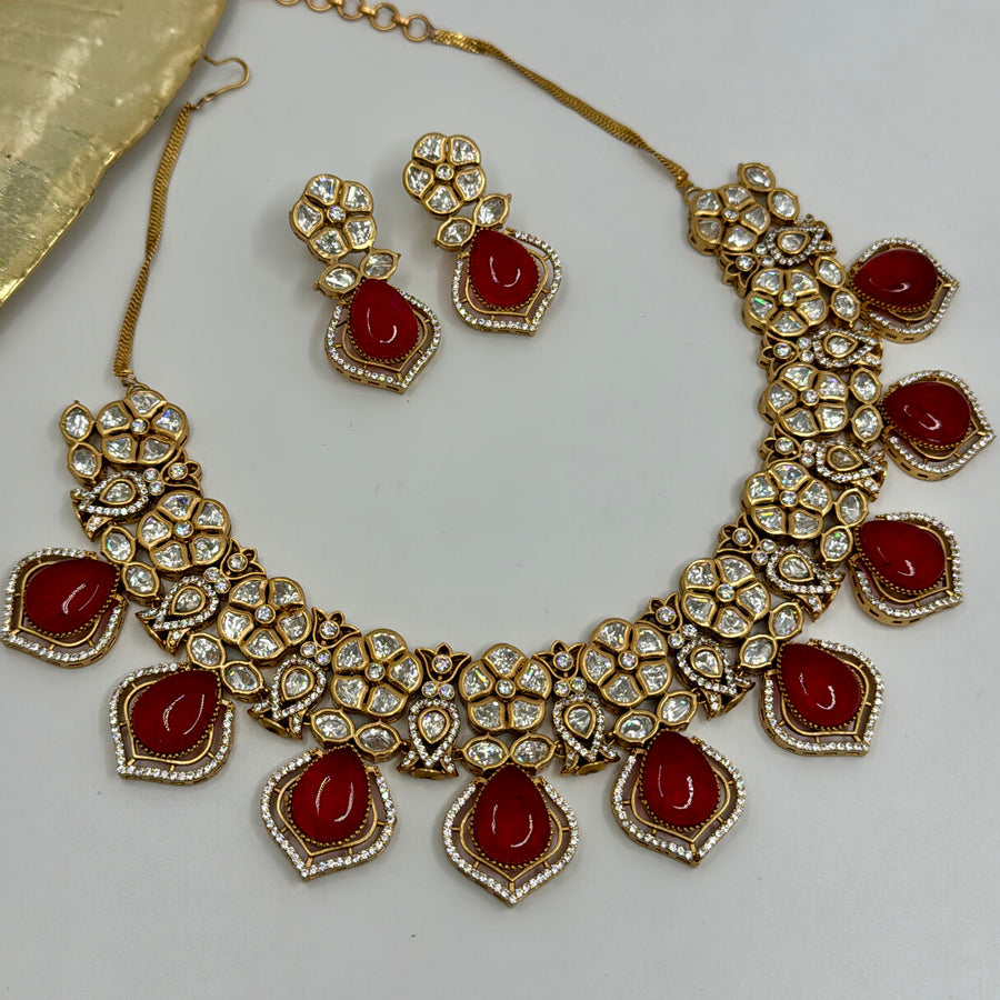 Ruby Red Doublets & Moissanite Statement Necklace Set