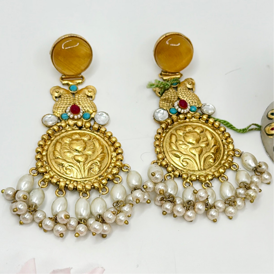 Yellow Antique Gold Silver Lookalike Earrings with Paachi Work