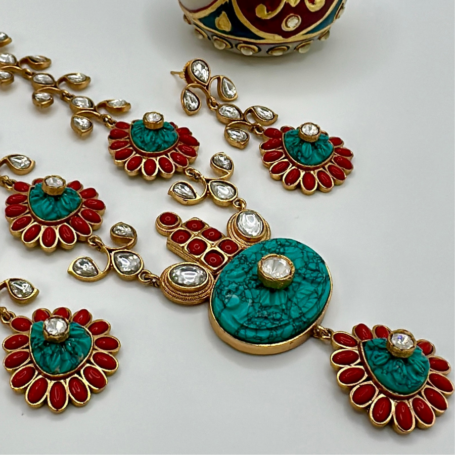 Turquoise & Coral Red Silver Lookalike Gold Long Necklace set