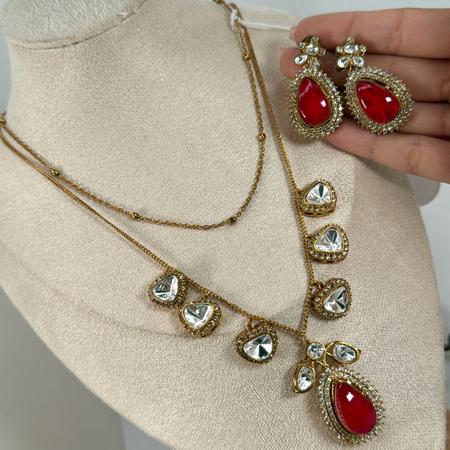 Ruby Moissanite Two Layer Necklace Set