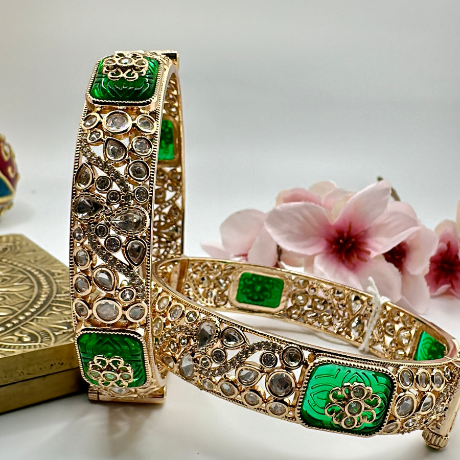 Green Amrapali Stone Premium Kundan Polki & Openable Bangle Pair( Size 2.2)