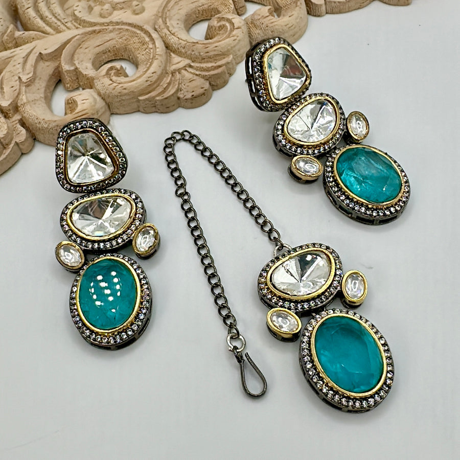 Turquoise Doublet & Uncut Kundan In Victorian Finish Earrings & Mang Tikka Set