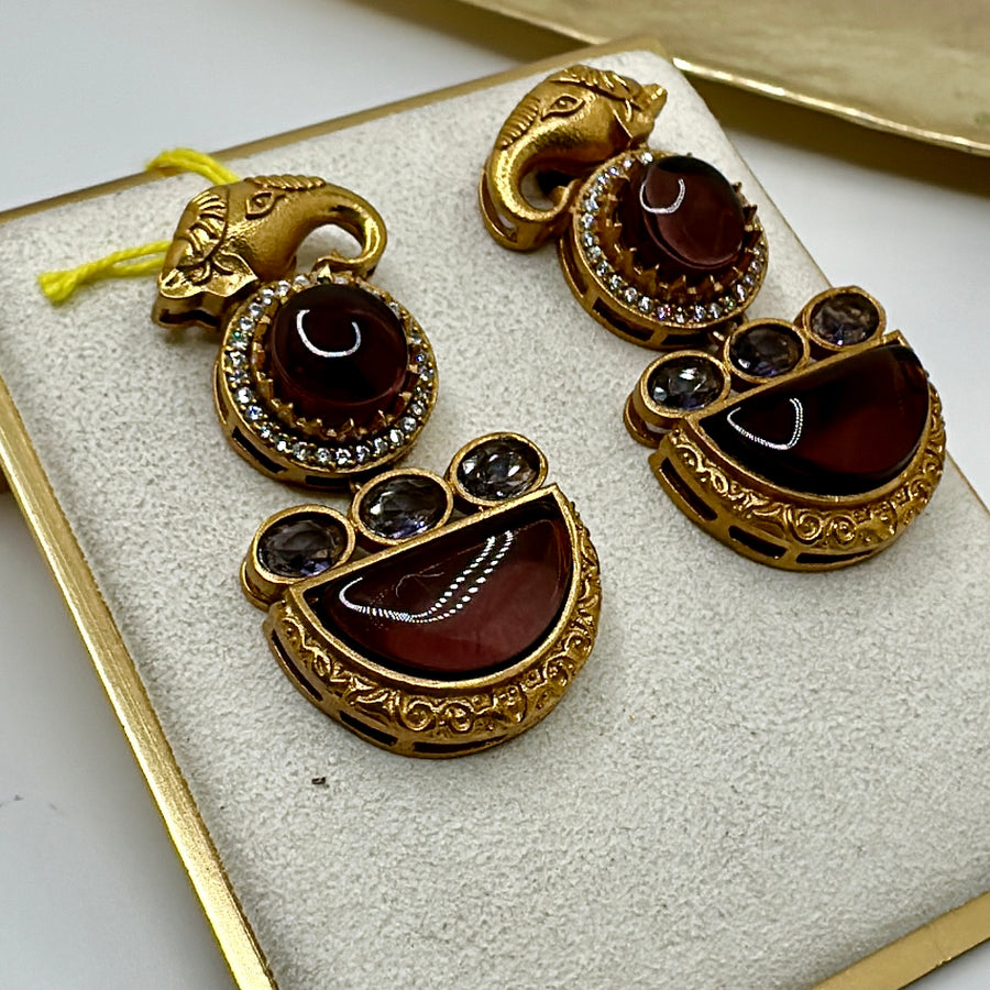 Ruby Pota Doublet & American Diamonds Elephant Earrings