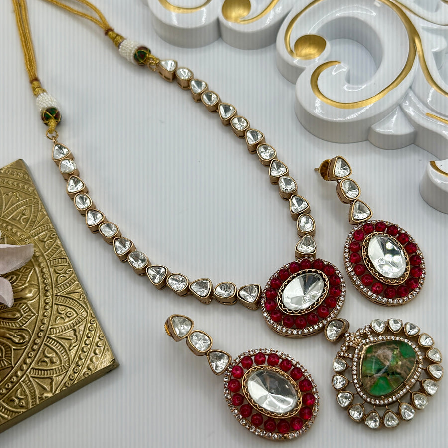 Green & Ruby Metallic Doublet &  Moissanite Kundan Necklace Set