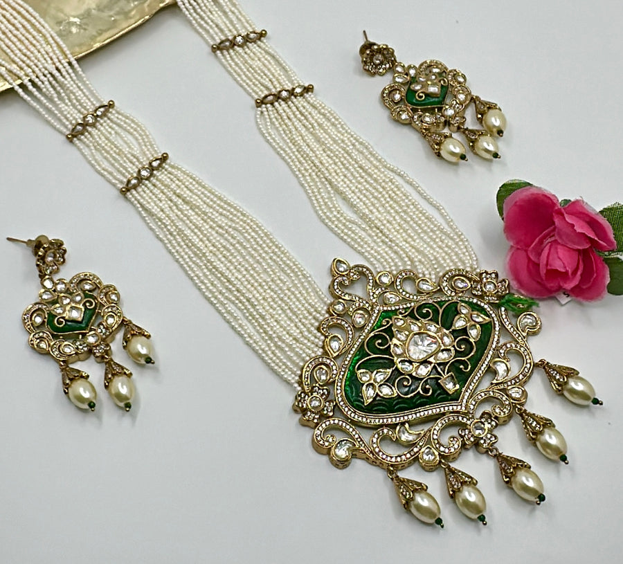 Green Inlay Glass Stone Work Pearl Long Necklace Set