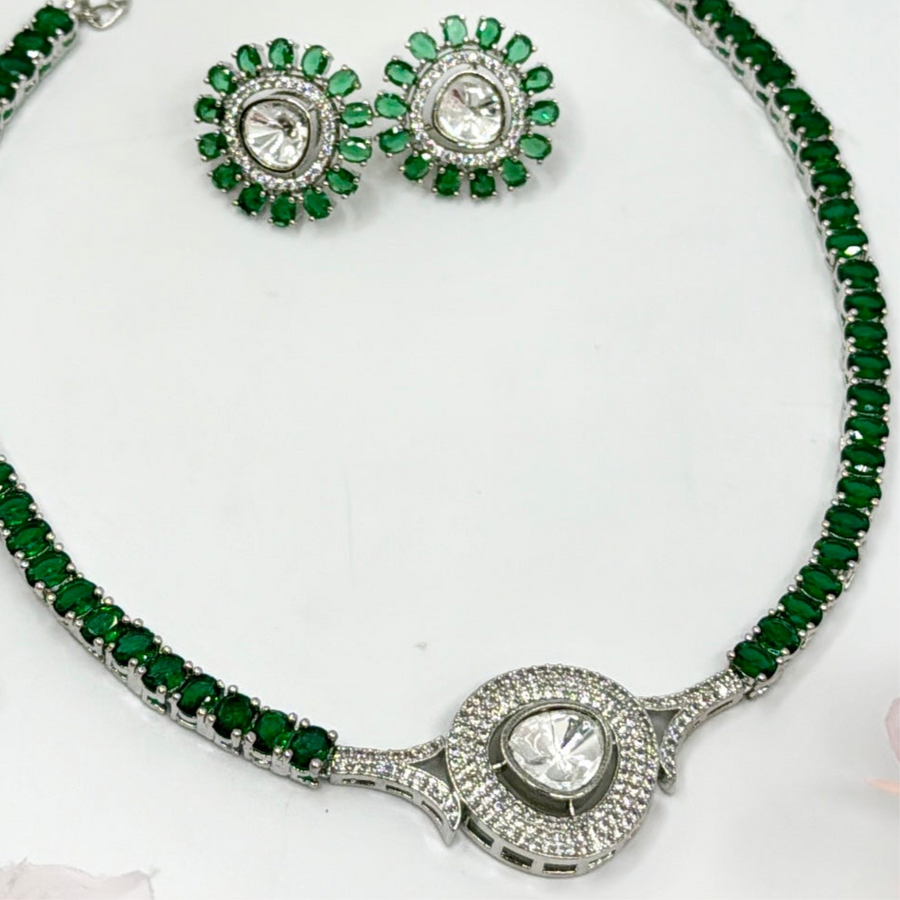 Green Kundan & American Diamonds Dainty Necklace Set