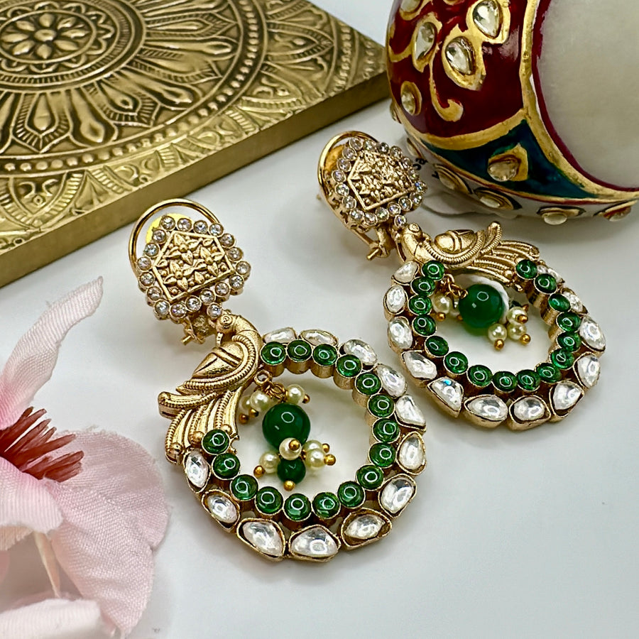 Green & Moissanite Kundan Chand Bali