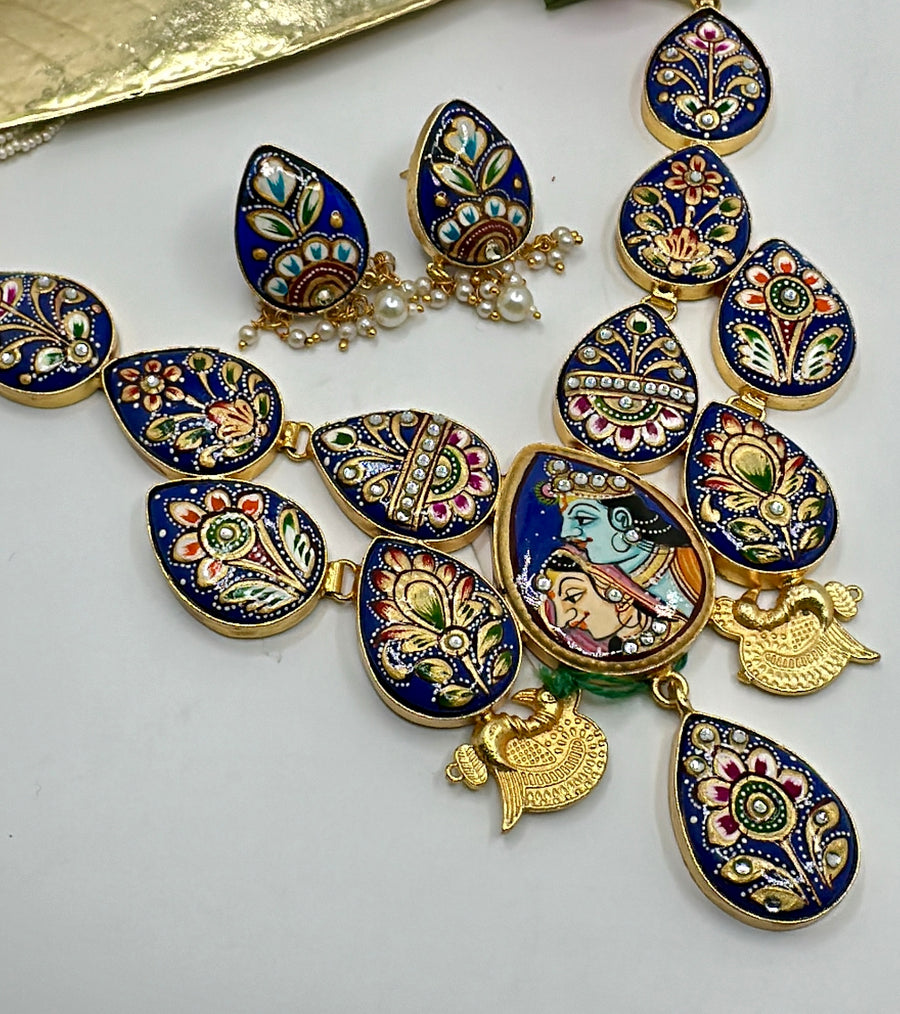 Blue Tanjore Radha Krishna Necklace Set