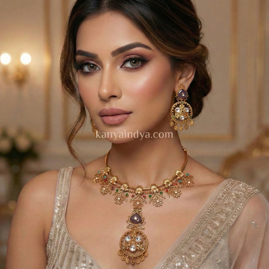 Purple Apala Inspired Moissanite Hasli Necklace Set