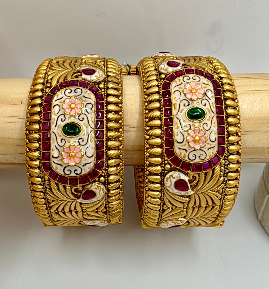 Ruby Meenakari Antique Gold Rajwadi Bangle Pair (Openable Size 2.8)