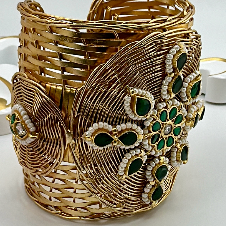 Green Paachi Motifs Silver Lookalike Gold Cuff(One Size Fits All)