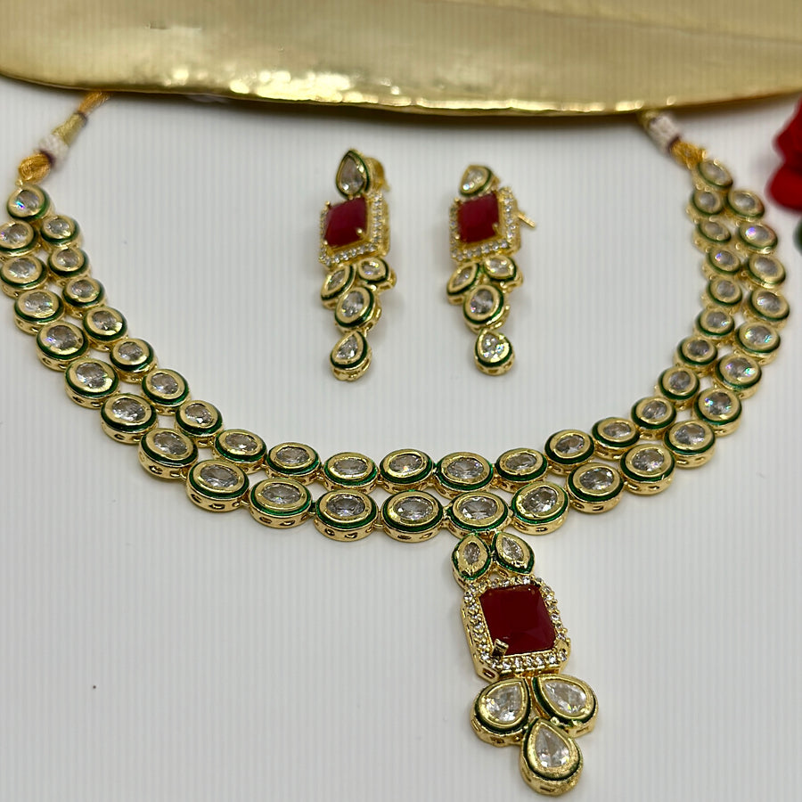 Green & Red Reverse AD Kundan Necklace Set