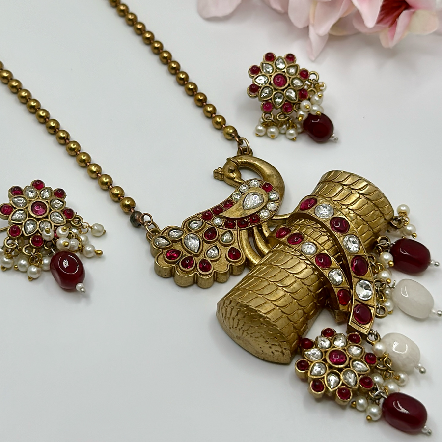 Ruby & Clear Silver Lookalike Antique Gold Long Necklace Set