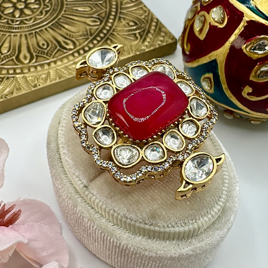 Ruby Red Doublet & Moissanite Kundan Adjustable Finger Ring