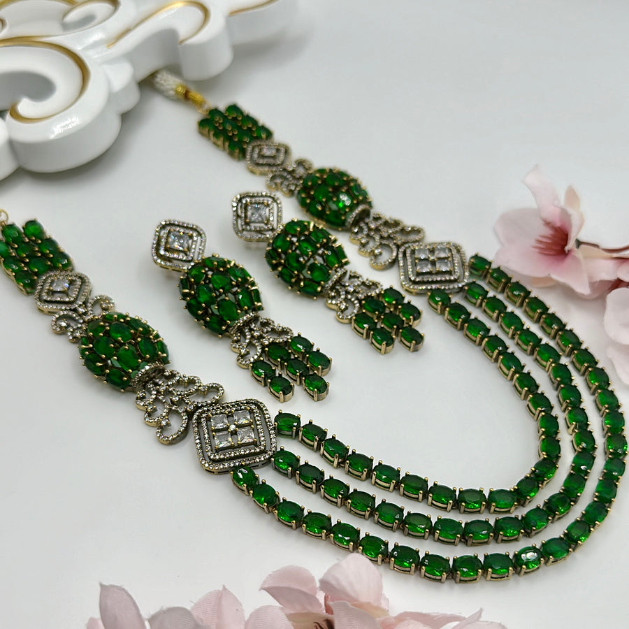 Green American Diamonds Long Necklace Set