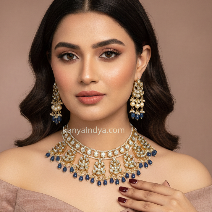 Blue Polki & Paachi Necklace Set