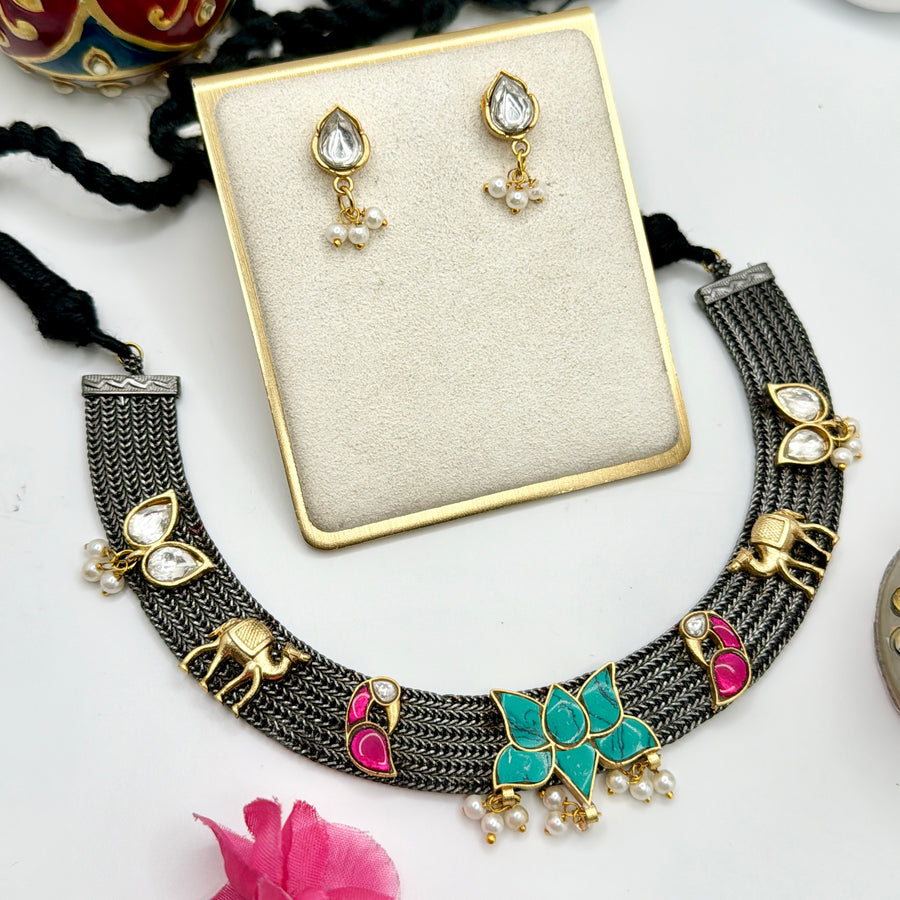 Clear Dark Polish Silver Lookalike Necklace Set With Turquoise & Ruby Paachi Motifs