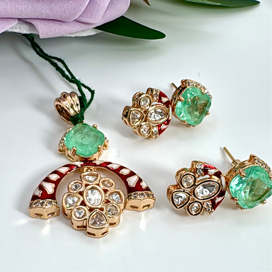 Mint Doublet With Red Meenakari Polki Pendant Set